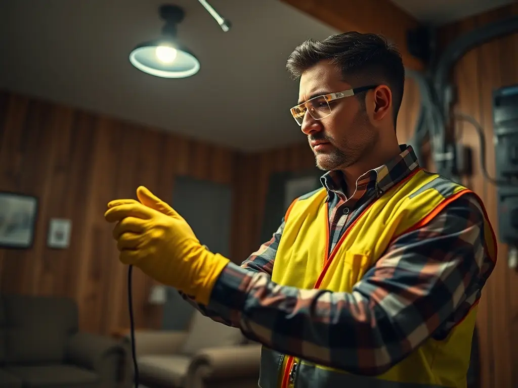 An MGK Electrician technician conducting a thorough safety inspection of electrical wiring in a residential home in West Berlin, NJ, using appropriate safety gear.