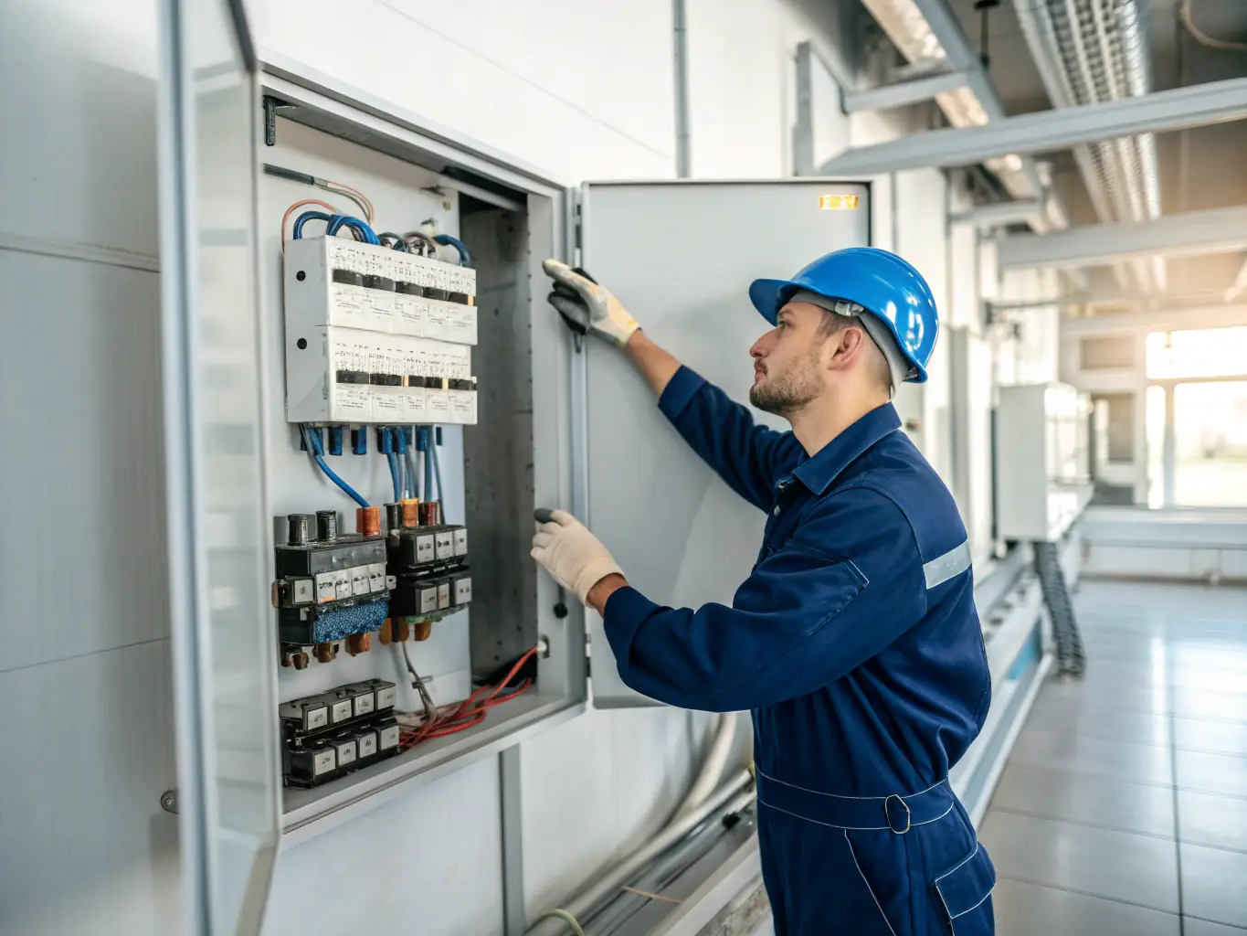 An experienced MGK Electrician technician troubleshooting an electrical issue in a commercial building in West Berlin, NJ, using professional diagnostic tools.