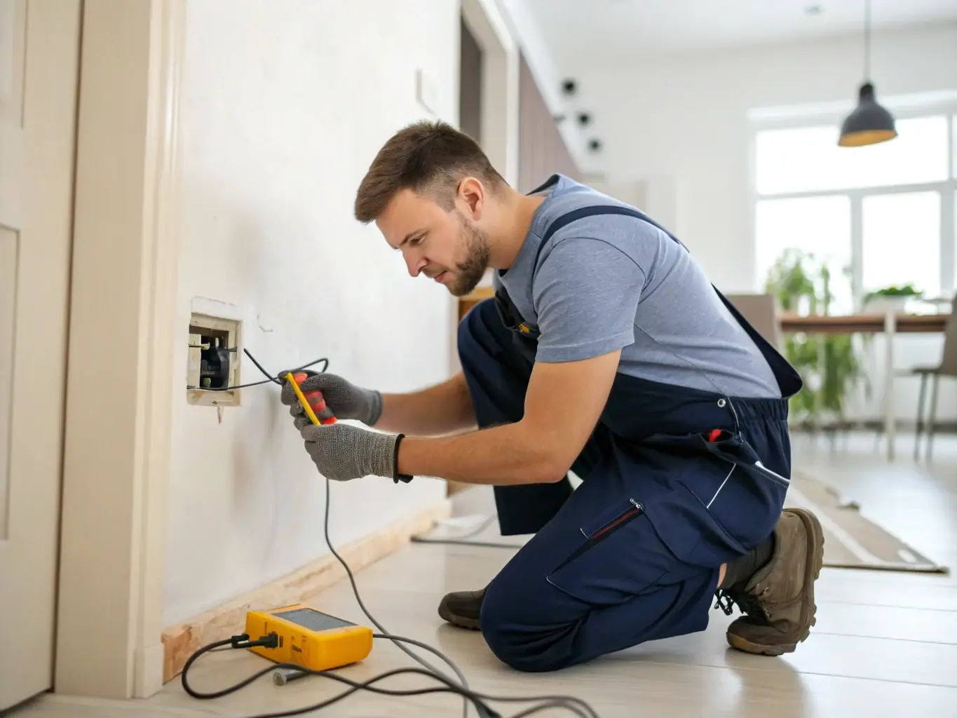 An electrician conducting a safety inspection in a home, emphasizing the importance of safety in all electrical work by MGK Electrician of West Berlin.