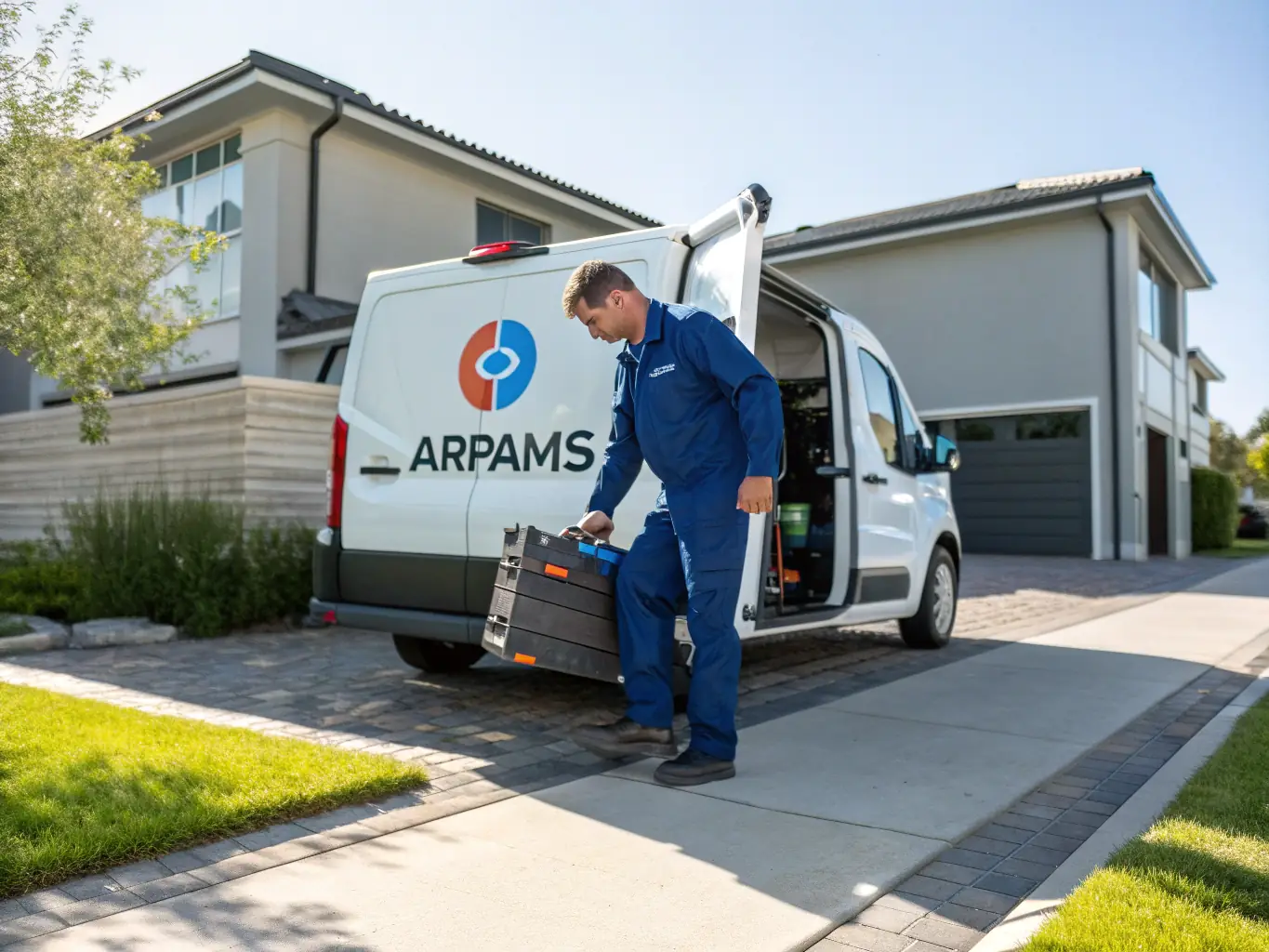A friendly, uniformed MGK Electrician technician arriving at a residential home in West Berlin, NJ, with a fully equipped van, ready to provide expert electrical services.