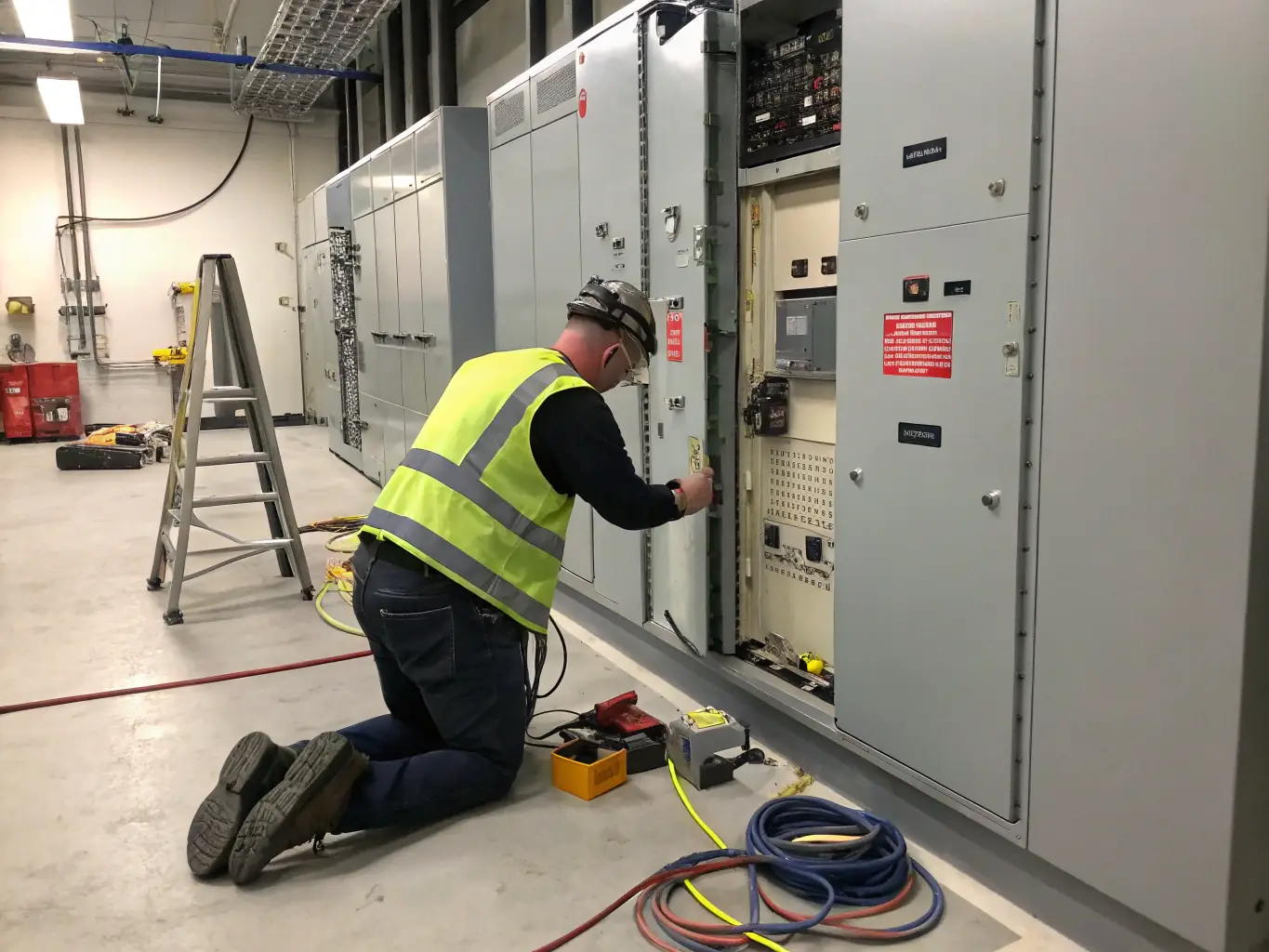 A technician inspecting electrical panels in a commercial building, representing the commercial electrical services provided by MGK Electrician of West Berlin.