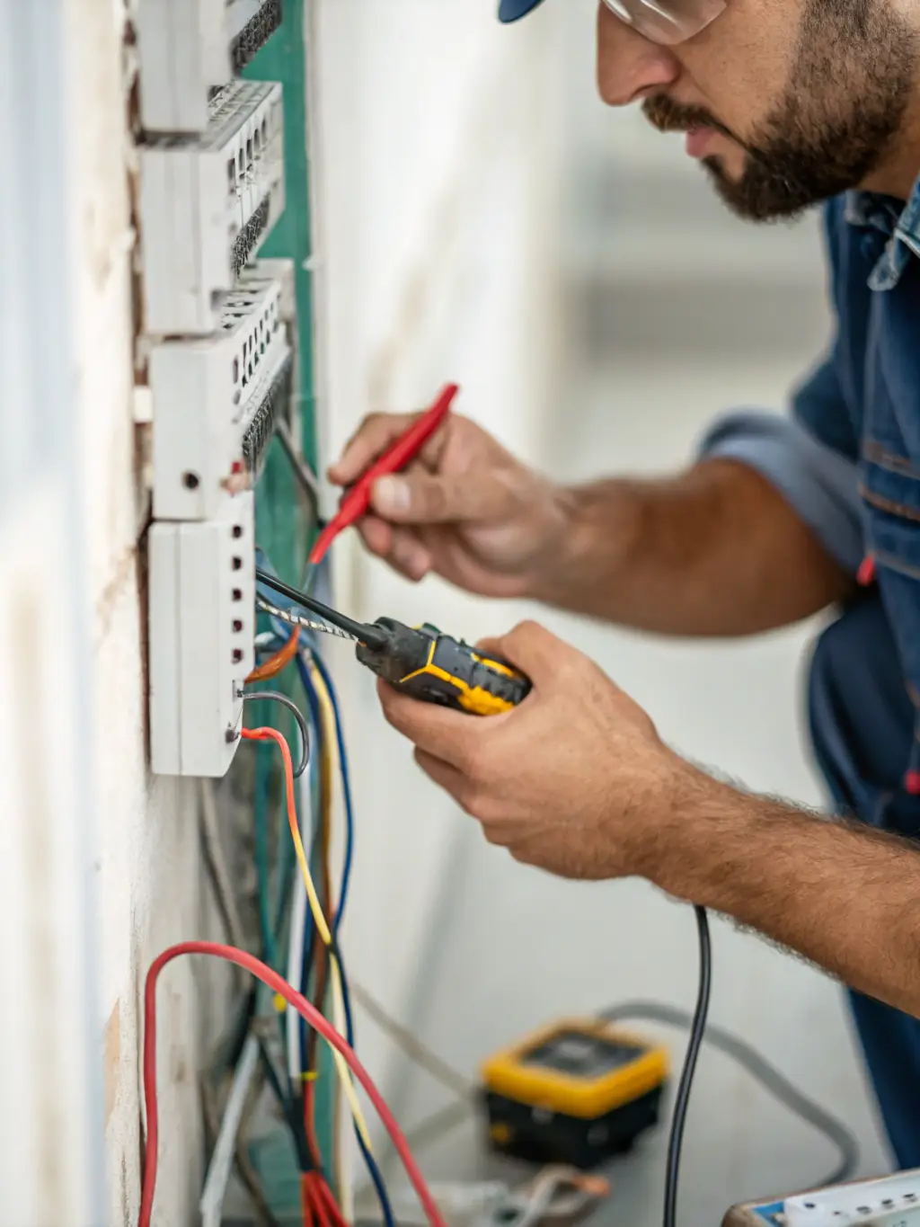 A close-up shot of an electrician carefully installing a new electrical panel, emphasizing precision and safety.
