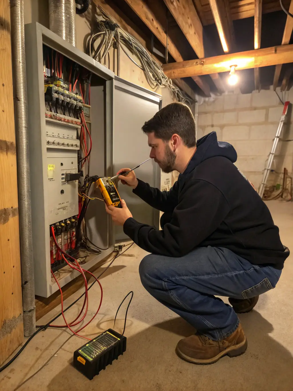 An electrician from MGK Electrician responding to an emergency call, working on a faulty electrical panel in a residential setting.